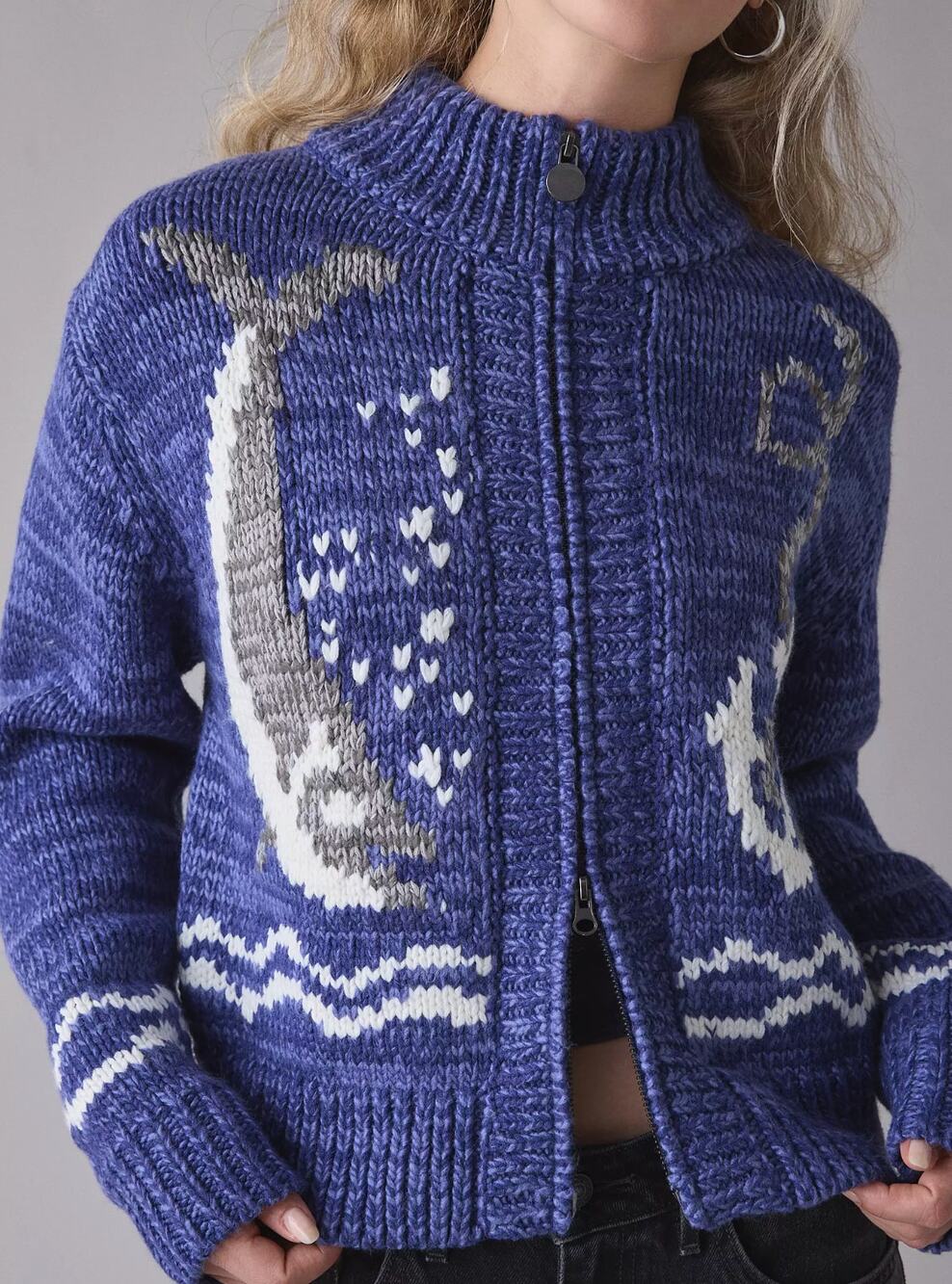 UO BDG Isla Sweater Blue Whale Nautical Cardigan Cowichan Whimsical Zip Up L